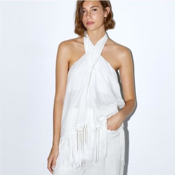 Zara Tops - ZARA White Linen Fringe Halter Top